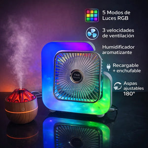VENTILADOR RGB RECARGABLE + MINI HUMIDIFICADOR